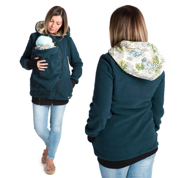 LUNA 3 in1 babywearing coat Maternity Pregnancy Multifunctional Kangaroo carrier Mom and Baby carrying jacket PETROL GREEN