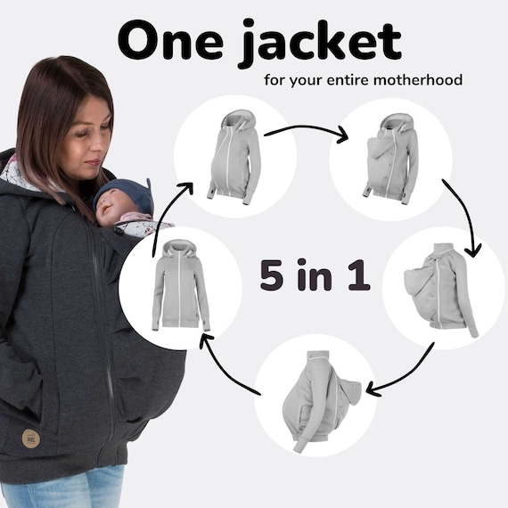 Kangourou Porte-bébé Hiver – Veste Multifonction Maman Bébé | Sweat Capuche Pullover Porte-bébé | Chaud Coton Noir/gris – Nouveau-nés Jusqu'à 1 An