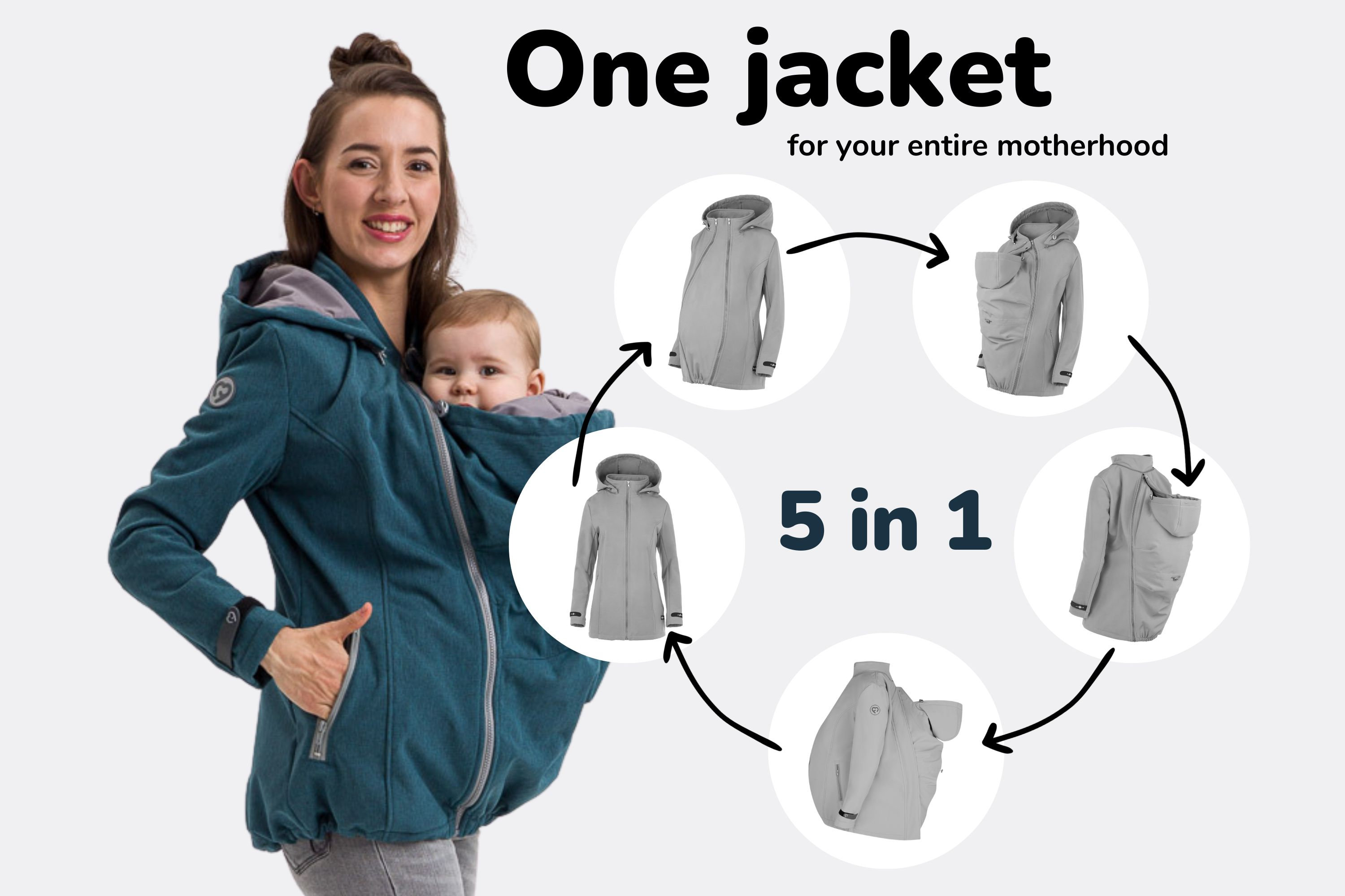 Enigma 5in1 BACK/FRONT Softshell Babywearing jacket,  carrier jacket, softshell baby carrying jacket for women PETROL Green Melange