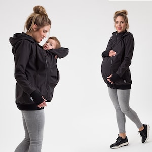 EVEREST 6 em 1 Jaqueta Softshell para carregar bebês, jaqueta para carregar bebês, jaqueta softshell para carregar bebês, PRETA
