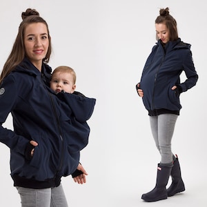 EVEREST 3 em 1 Softshell Babywearing, casaco de maternidade, jaqueta de transporte, jaqueta de transporte softshell, maternidade, mãe e bebê, azul marinho, transporte frontal