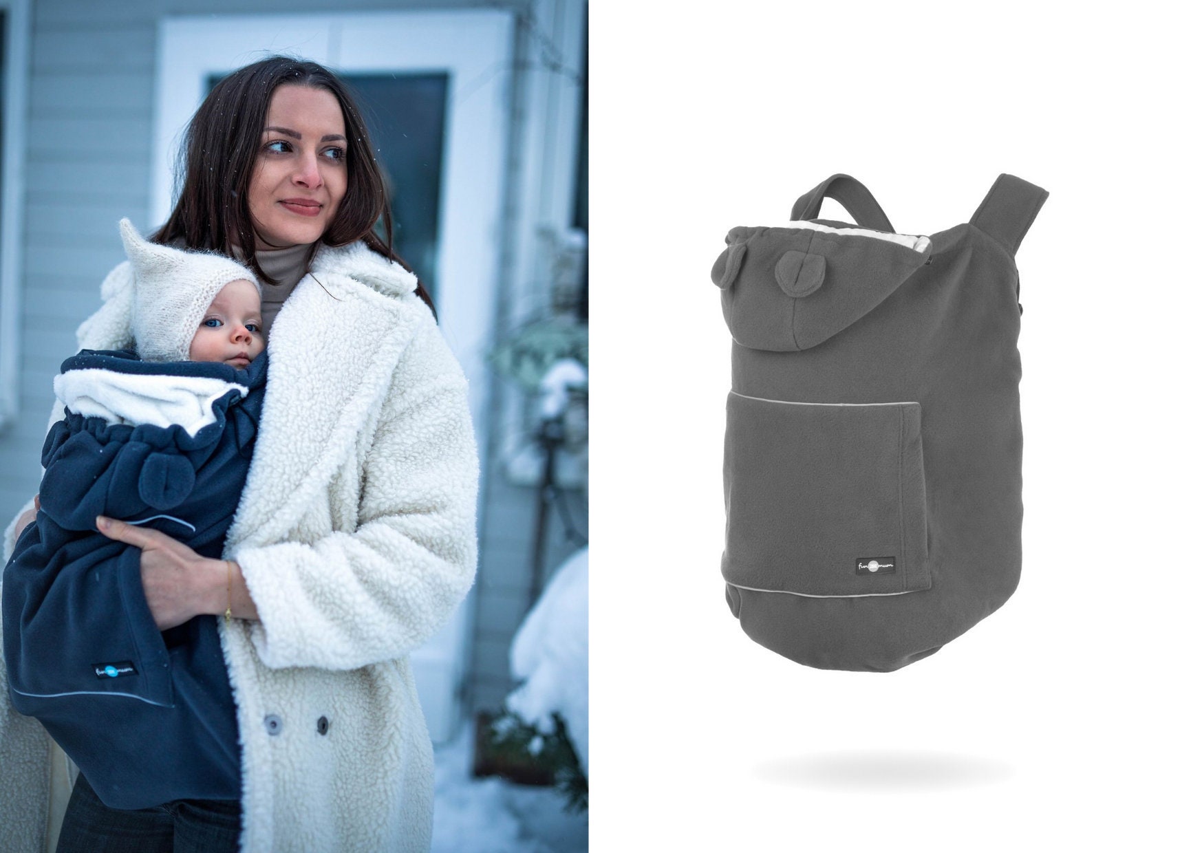 Babywearing cover, Polar fleece cover for carriers,Bear ears, Baby carrier cover, carrier warmer Graphite