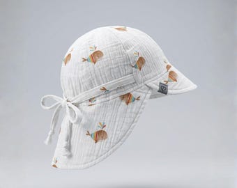 FUN2BEMUM Organic GOTS Babywearing Muslin baby sun hat neck protection with a soft brim, double adjustment system head scarf sun protection