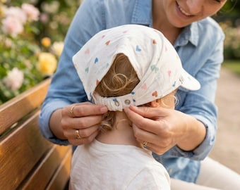 Babywearing Muslin baby hat with a soft brim, double adjustment system head scarf, beanie, sun hat, headgear,  cap, sunscreen