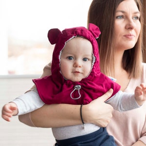 0-4 years Hooded Cowl baby hat,baby bear ears, Toddler Neck Warmer, Kid Winter Ear Hat, boy hat, hood, newborn balaclava BURGUNDY