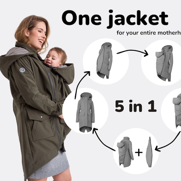 5in1 Babywearing Parka Coat , maternity coat, FRONT/BACK carrying jacket, multifunction, baby carrier for women , KHAKI