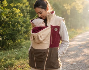 3-in-1 Reversible Babywearing Vest with Maternity Panel | Corduroy & Polar Fleece | Cherry
