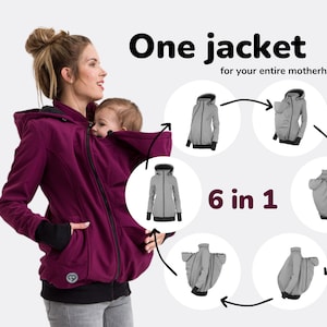 Jaqueta EVEREST 6 em 1 para carregar bebês, jaqueta para carregar bebês, jaqueta softshell para carregar bebês, tandem Plum para maternidade para mulheres