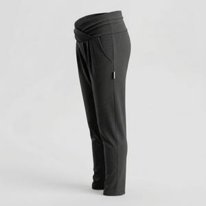 May include: Dark gray pants with a crossover waistband and pockets. The pants have a slim fit and a small white tag near the pocket. The fabric appears to be a soft, knit material. These pants are suitable for casual wear.