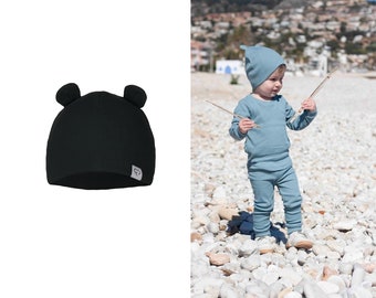 FUN2BEMUM Gorro de bebé acanalado con orejas de oso, gorro, gorra hipster, gorro jaspeado Unisex NEGRO