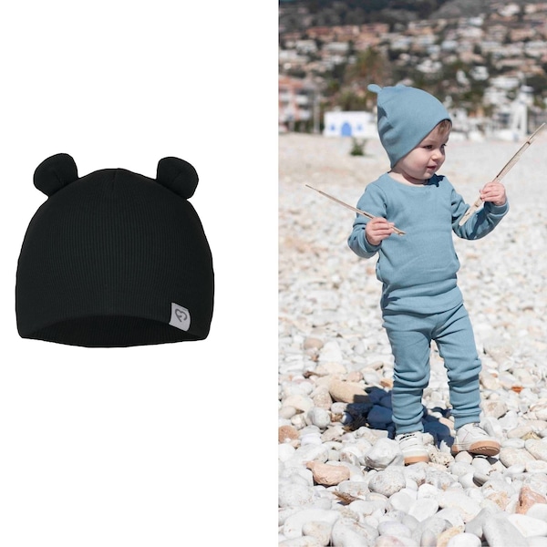 FUN2BEMUM Baby ribbed hat with bear ears, beanie hat, hipster cap,  mottled beanie Unisex BLACK