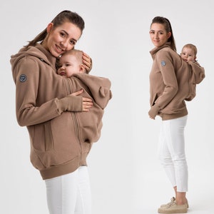 POLA  Front/Back 5in1 Babywearing coat Maternity Pregnancy Multifunctional Kangaroo hoodie baby carrying jacket Latte