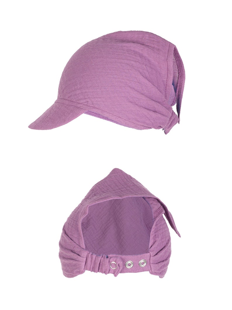 Babytragen Babymütze aus Muslin Kopftuch mit doppeltem Verstellsystem, Mütze, Sonnenhut, Kopfbedeckung Blueberry