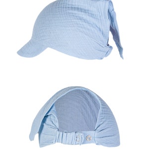 Babytragen Babymütze aus Muslin Kopftuch mit doppeltem Verstellsystem, Mütze, Sonnenhut, Kopfbedeckung Light Blue