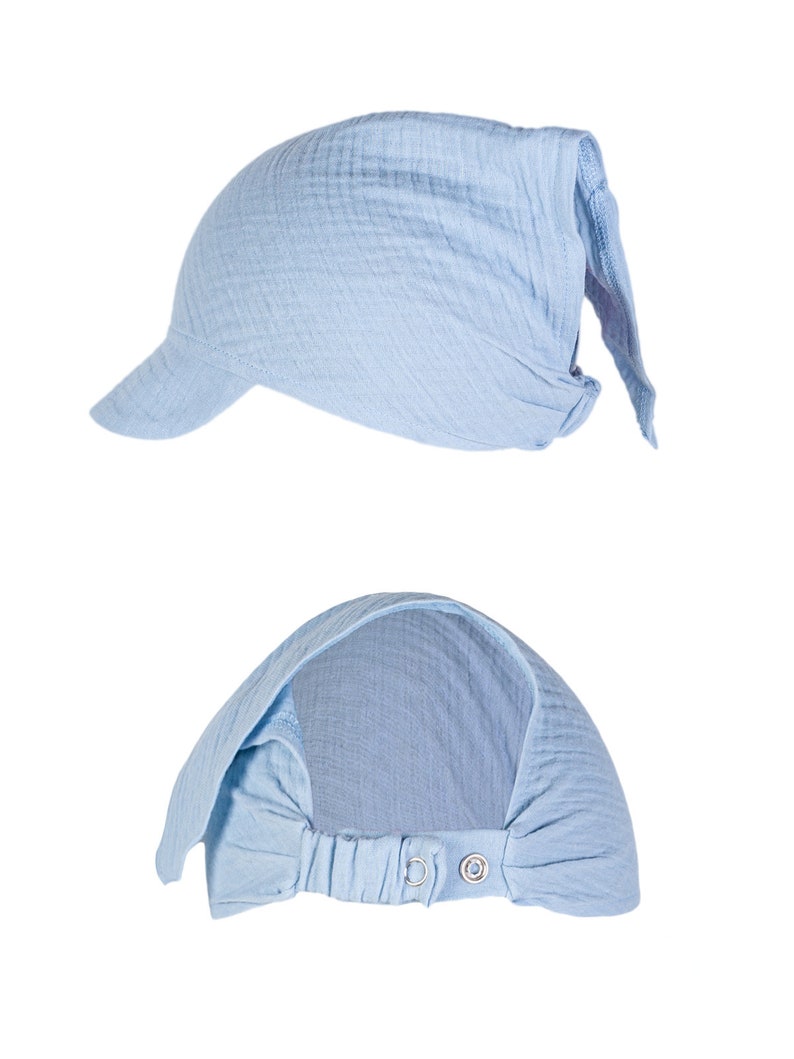 Babytragen Babymütze aus Muslin Kopftuch mit doppeltem Verstellsystem, Mütze, Sonnenhut, Kopfbedeckung Light Blue