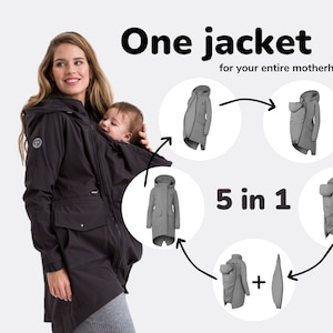 5in1 Softshell Parka-Mantel, Umstandsmantel, FRONT / BACK Baby Tragejacke, Multifunktion SCHWARZ