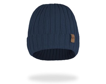 Herfstmuts van merinowol voor volwassenen – UNISEX gebreide muts, hypoallergene muts, MARINE kerstcadeau