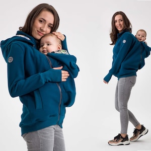 POLA  Front/Back 5in1 Babywearing coat Maternity Pregnancy Multifunctional Kangaroo hoodie baby carrying jacket Petrol Green