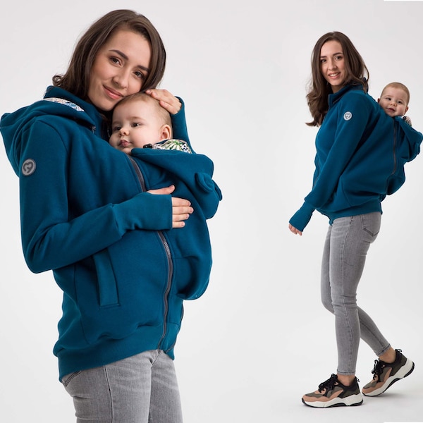 POLA Manteau de portage 5 en 1 Grossesse - Sweat à capuche kangourou multifonctionnel Veste de portage pour bébé Vert pétrole