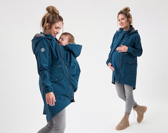 Casaco Parka 5 em 1 para carregar bebês, casaco de maternidade, jaqueta para carregar na frente e atrás, multifuncional, canguru para bebê, verde petróleo