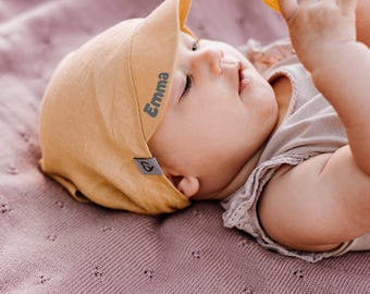 Personalised Linen baby hat with a soft brim, double adjustment system head scarf, beanie, babywearing sun hat, headgear,  cap, sunscreen