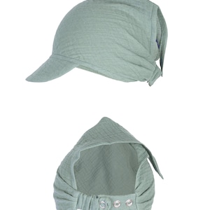 Babytragen Babymütze aus Muslin Kopftuch mit doppeltem Verstellsystem, Mütze, Sonnenhut, Kopfbedeckung Dust Mint