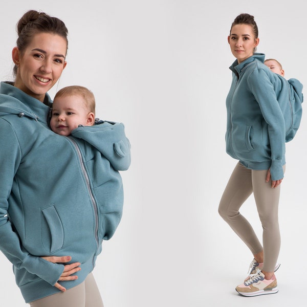 POLA  Front/Back 5in1 Babywearing coat Maternity Pregnancy Multifunctional Kangaroo hoodie baby carrying jacket Dust Mint