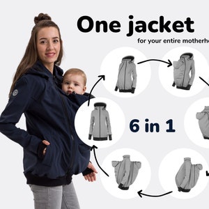 May include: A navy blue jacket with a black zip and a hood. The jacket has a built-in baby carrier and can be worn in six different ways. "One jacket for your entire motherhood" and "6 in 1" are written on the image.
