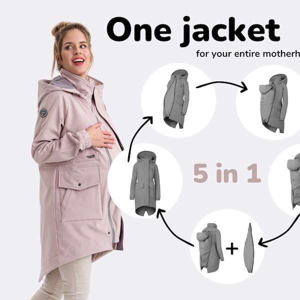 5in1 Babywearing Parka Coat , manteau de maternité, veste de portage FRONT/BACK, multifonction, porte-bébé pour femme , Dust Rose