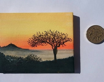 Glastonbury Tor Painting of Sunrise in Miniature using oils. 3x2 canvas with small easel.