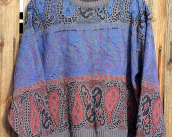 Vintage 1980s Kensington Mens Medium Wool Multicolor Blue, Grey, Red, Purple Sweater