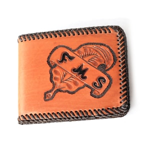 Vintage 1970s Western Style Hand Tooled Leather Bound Wallet with Initials FMS