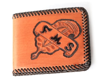 Vintage 1970s Western Style Hand Tooled Leather Bound Wallet with Initials FMS