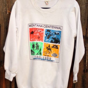 Zeldzame Vintage 1989 Montana Cattle Drive Wit Groot Fruit van het Weefgetouw Sweatshirt