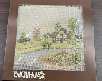 VTG Phildar Needlepoint Kit Windmill Village Complete Unworked Tapestry Belgium