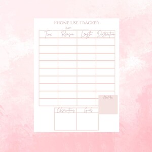 Peut inclure: Un suivi d'utilisation du téléphone imprimable sur papier blanc avec un fond aquarelle rose. Le suivi comprend des sections pour l'heure, la raison, la durée et la distraction, avec un espace pour les observations, les objectifs et les enregistrements.