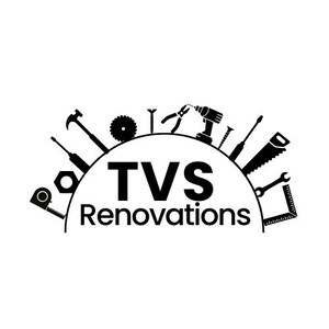 Puede incluir: Logotipo en blanco y negro para TVS Renovations. El diseño presenta siluetas de herramientas como un martillo, sierra, taladro y llave inglesa, dispuestas en semicírculo. El texto "TVS Renovations" está debajo.