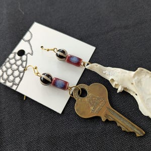 Red & Blue Key and Muskrat Bone Earrings