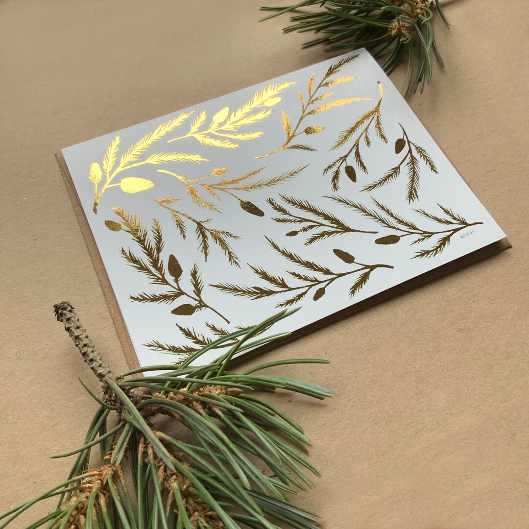 Set of 5 Foil Pine Branch Blank Holiday Christmas Cards | Pine Cone ...