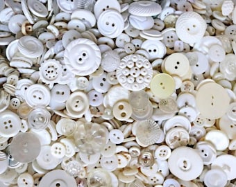 Vintage White Buttons , antique white buttons , fancy buttons lot,  button art , button jewelry supply , glass plastic mother of pearl