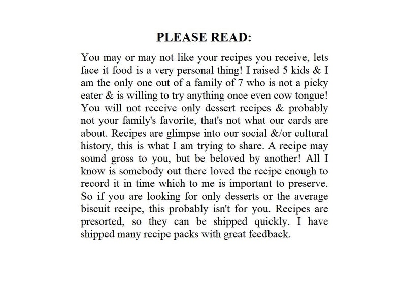 Puede incluir: Texto sobre un fondo blanco que explica que las recetas son personales y que el vendedor comparte recetas que quiz&aacute;s no sean las favoritas de todos, pero que son apreciadas por alguien. El texto tambi&eacute;n menciona que las recetas est&aacute;n preseleccionadas y se env&iacute;an r&aacute;pidamente.