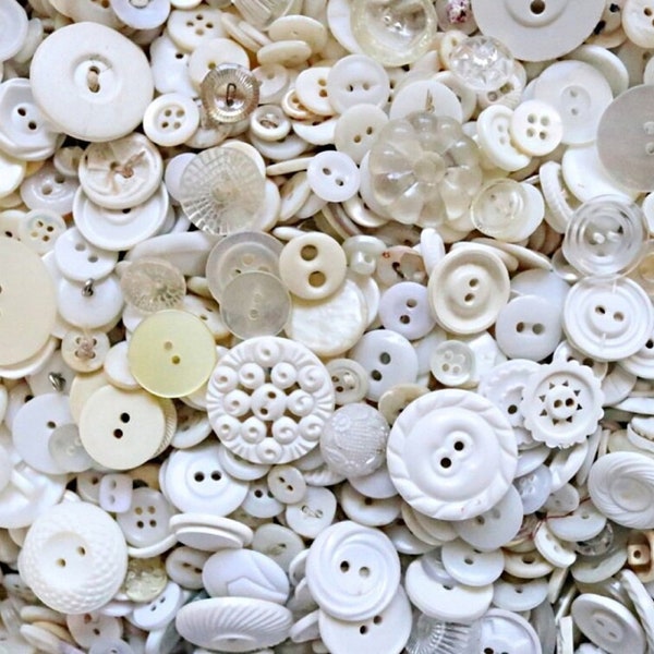 Vintage White Buttons , antique white buttons , button collection ,  button art button jewelry supply , glass plastic mother of pearl