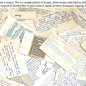 A pack of 10 vintage recipe cards in varying shades of beige and off-white.  The cards feature handwritten, typed, and printed recipes, some dating back to 1910.  The cards are a collection of family recipes.