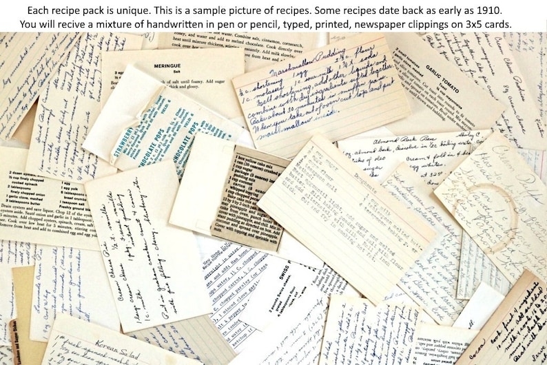 A pack of 10 vintage recipe cards in varying shades of beige and off-white.  The cards feature handwritten, typed, and printed recipes, some dating back to 1910.  The cards are a collection of family recipes.