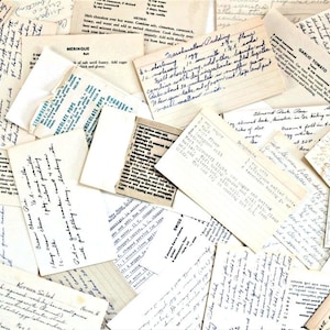 A pack of 10  vintage recipe cards   The cards show various recipes.  The handwriting style is consistent with mid-20th century recipes.  The cards are vintage & show age.
