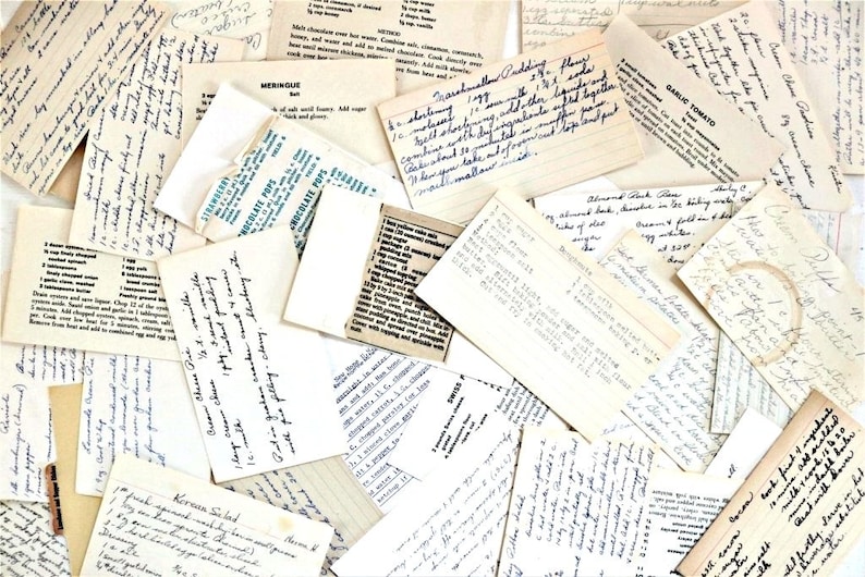 A pack of 10  vintage recipe cards   The cards show various recipes.  The handwriting style is consistent with mid-20th century recipes.  The cards are vintage & show age.