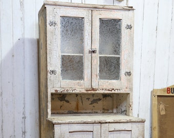 Antique Apothecary Cabinet Medical cabinet Slag Glass Windows Country Primitive Cupboard white kitchen chippy paint doors vintage farmhouse