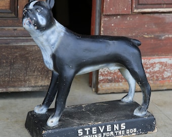 Antique Paper Mache Stevens Dog Food Advertising Store Display Sign Boxer 20" tall vintage statue countertop tabletop decor RARE