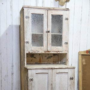 Antique Apothecary Cabinet Medical cabinet Slag Glass Windows Country Primitive Cupboard white kitchen chippy paint doors vintage farmhouse