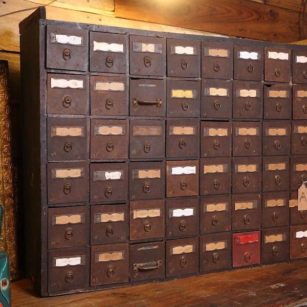 Antique Apothecary Cabinet 48 Drawer wood cubby card catalog hardware storage jewelry box trinkets watches cupboard farmhouse style rustic